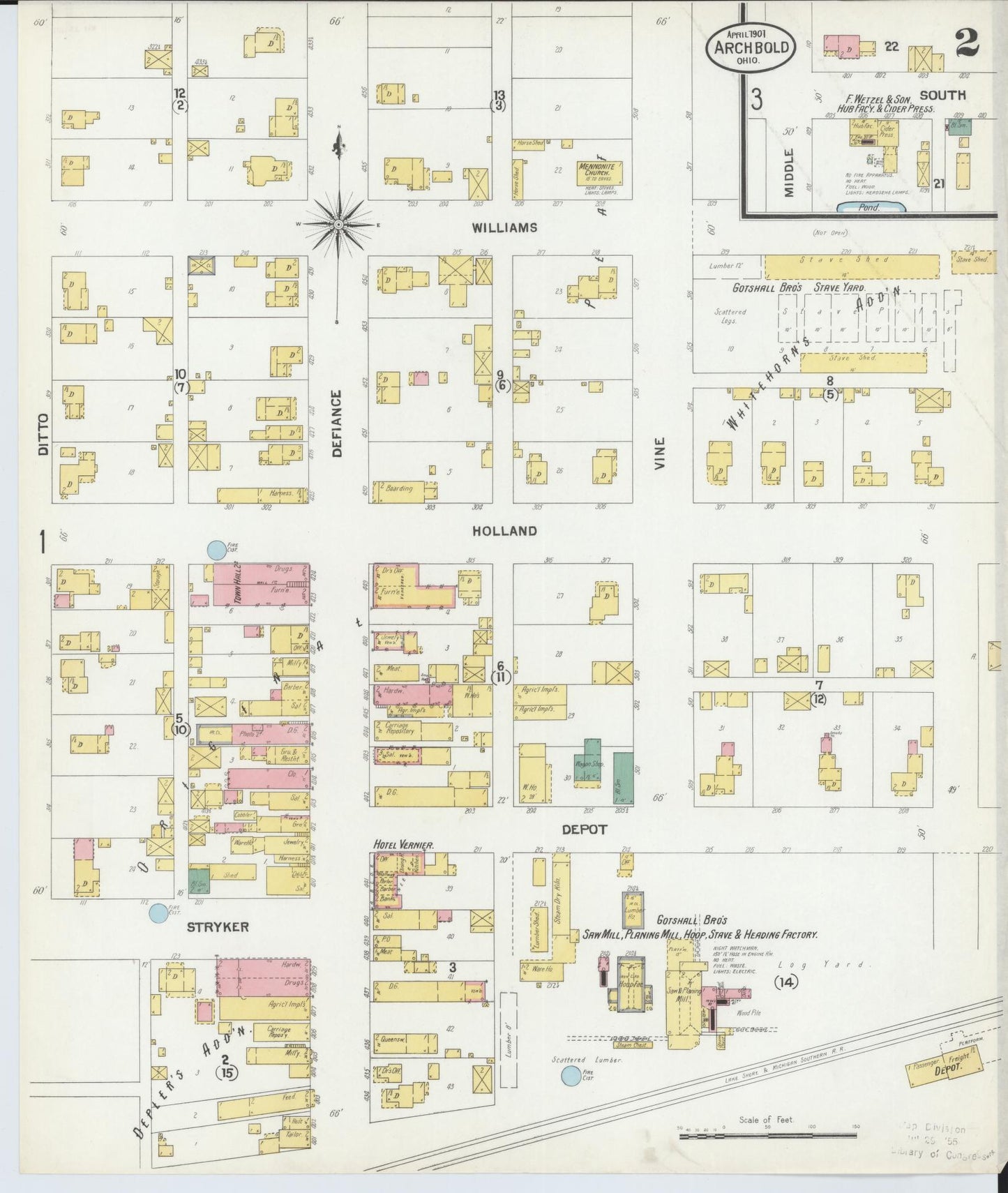 Sanborn Fire Insurance Map from Archbold, Fulton County, Ohio (1901), Sheet #0002 - Historic Sanborn Fire Insurance Map Print, vintage old map wall art, antique decor, genealogy gift, Ohio Ohio map