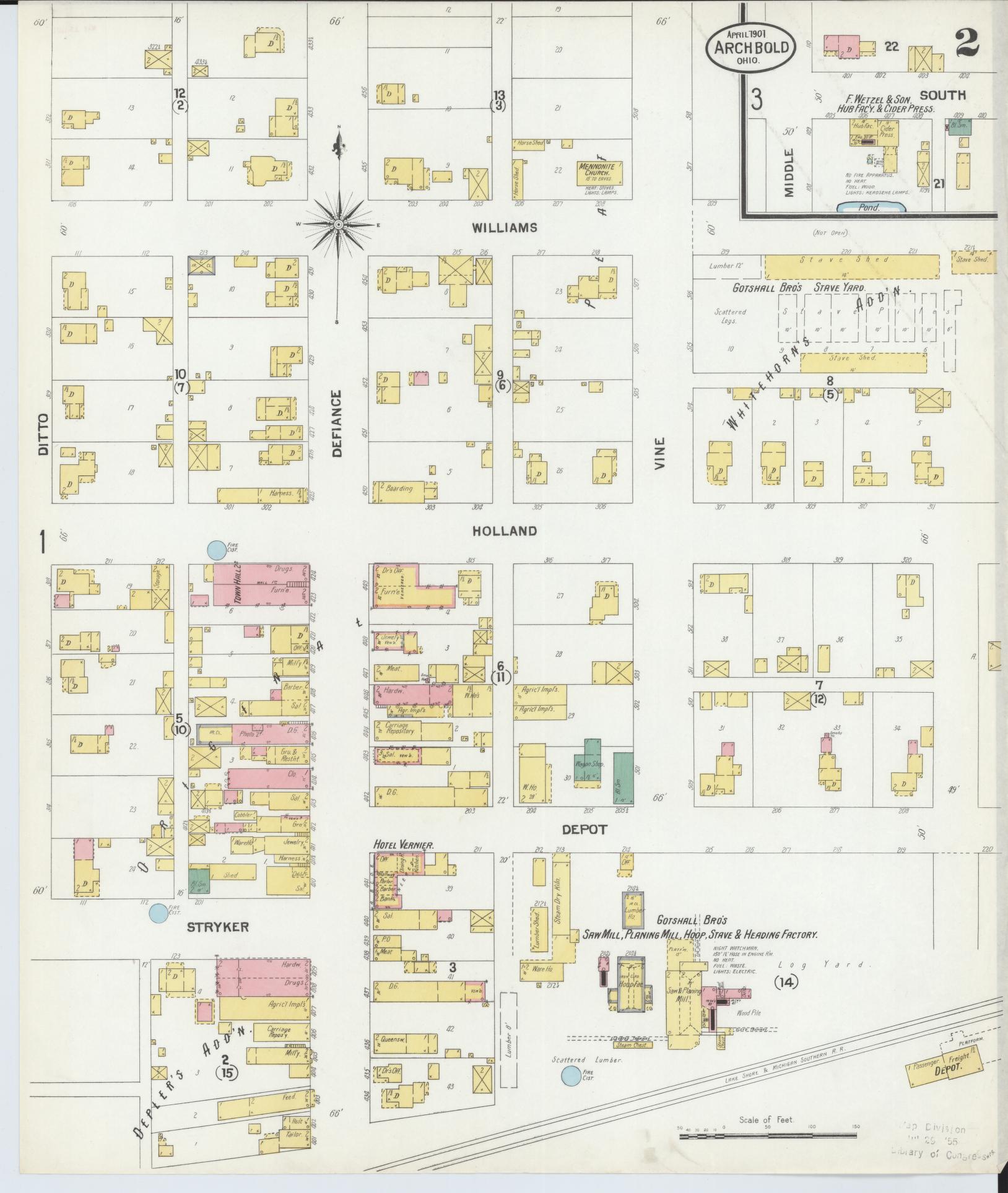 Sanborn Fire Insurance Map from Archbold, Fulton County, Ohio (1901), Sheet #0002 - Historic Sanborn Fire Insurance Map Print, vintage old map wall art, antique decor, genealogy gift, Ohio Ohio map