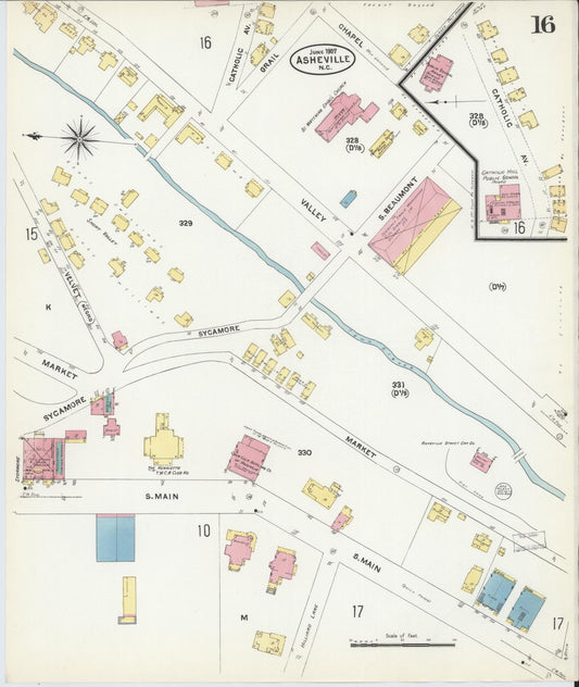 Sanborn Fire Insurance Map from Asheville, Buncombe County, North Carolina (1907), Sheet #0016 - Historic Sanborn Fire Insurance Map Print, vintage old map wall art, antique decor, genealogy gift, North Carolina North Carolina map