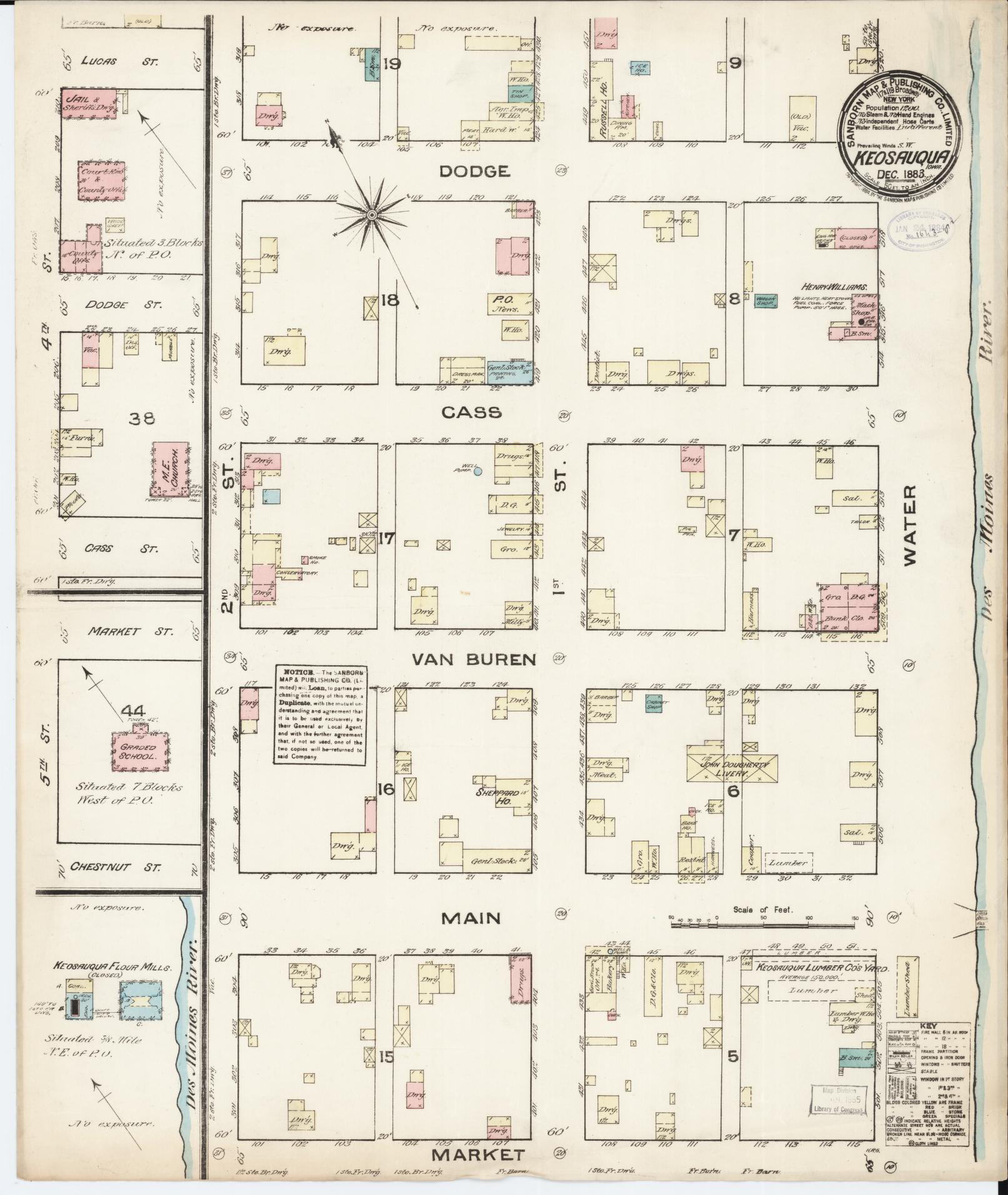 Sanborn Fire Insurance Map from Keosauqua, Van Buren County, Iowa (1883), Sheet #0001 - Historic Sanborn Fire Insurance Map Print, vintage old map wall art