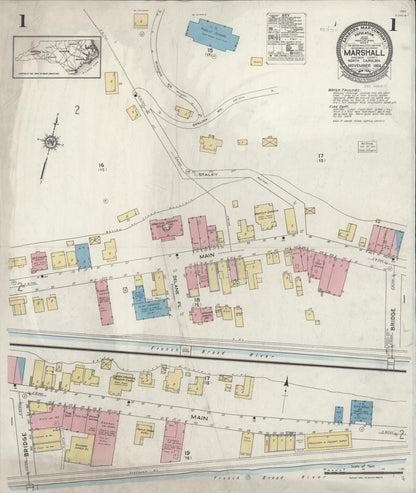 Sanborn Fire Insurance Map from Marshall, Madison County, North Carolina (1924), Sheet #0001 - Historic Sanborn Fire Insurance Map Print, vintage old map wall art, antique decor, genealogy gift, North Carolina North Carolina map