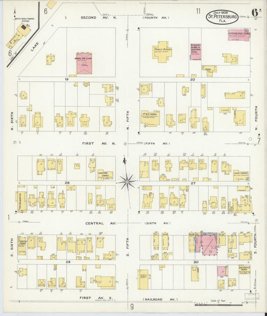 Sanborn Fire Insurance Map from Saint Petersburg, Pinellas County, Florida (1908), Sheet #0006 - Historic Sanborn Fire Insurance Map Print, vintage old map wall art, antique decor, genealogy gift, Florida Florida map