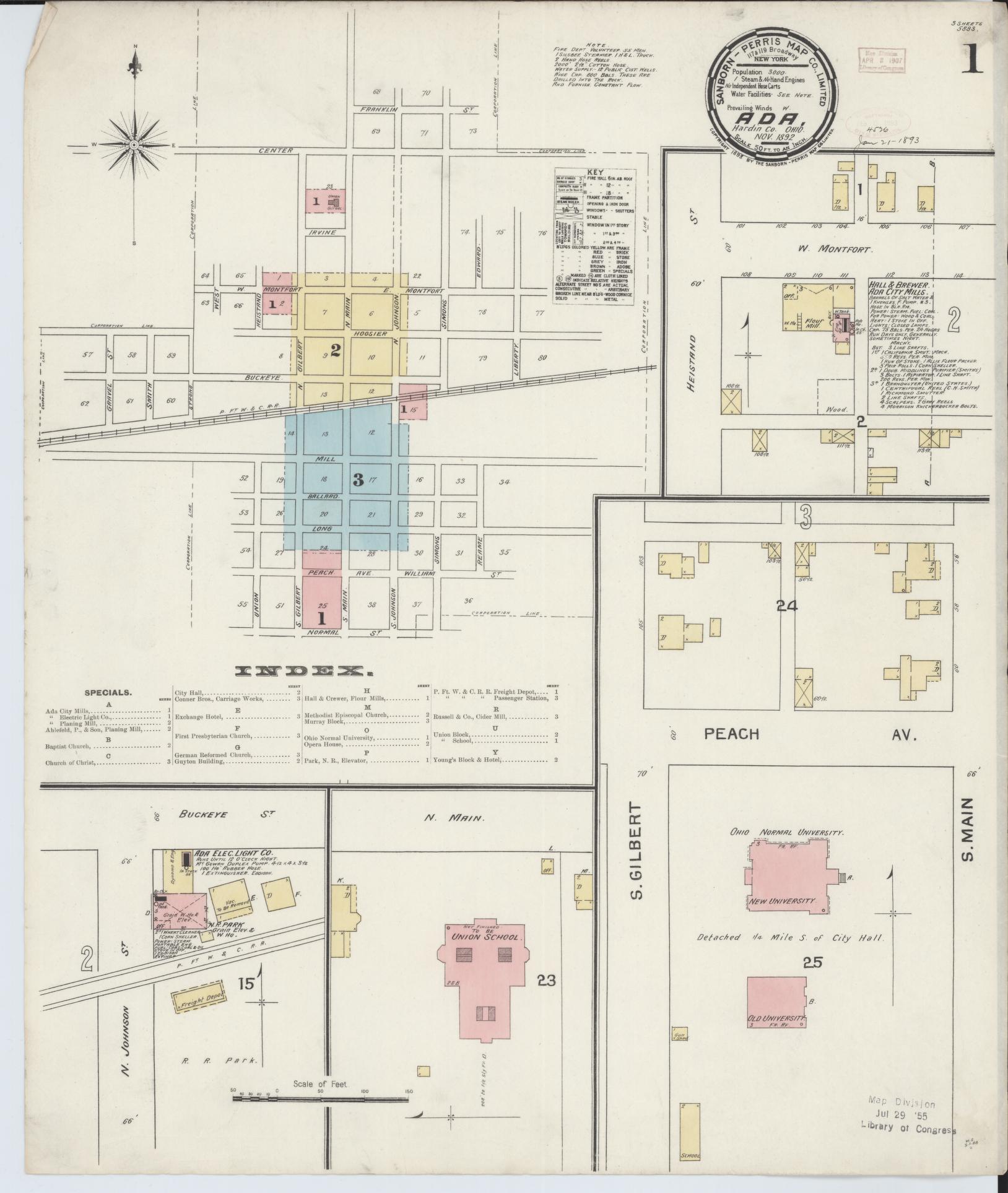 Sanborn Fire Insurance Map from Ada, Hardin County, Ohio (1892), Sheet #0001 - Historic Sanborn Fire Insurance Map Print, vintage old map wall art, antique decor, genealogy gift, Ohio Ohio map
