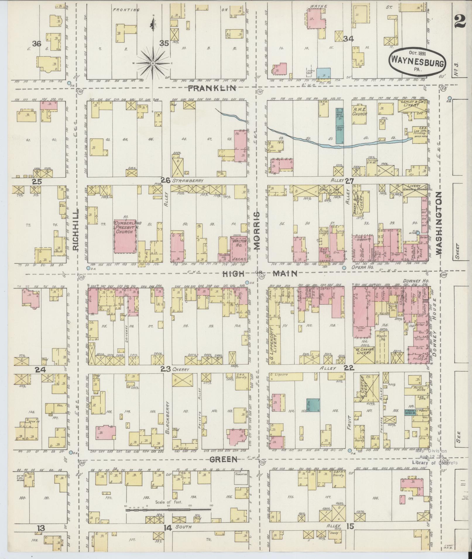 Sanborn Fire Insurance Map from Waynesburg, Greene County, Pennsylvania (1891), Sheet #0002 - Complete Map Set gallery image, historic Sanborn map, vintage wall art, Pennsylvania Pennsylvania