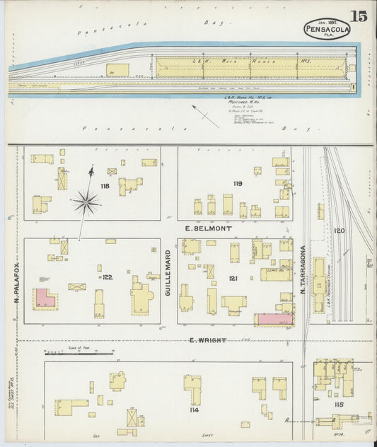 Sanborn Fire Insurance Map from Pensacola, Escambia County, Florida (1892), Sheet #0015 - Historic Sanborn Fire Insurance Map Print, vintage old map wall art, antique decor, genealogy gift, Florida Florida map