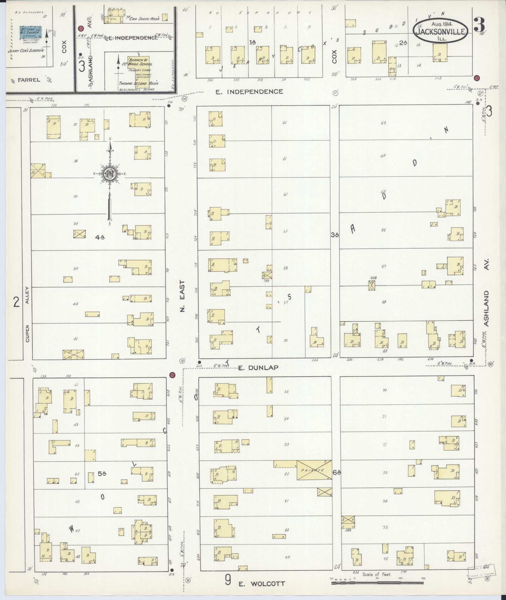 Sanborn Fire Insurance Map from Jacksonville, Morgan County, Illinois (1914), Sheet #0003 - Historic Sanborn Fire Insurance Map Print, vintage old map wall art, antique decor, genealogy gift, Illinois Illinois map