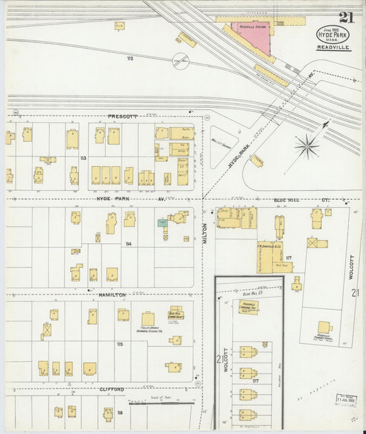 Sanborn Fire Insurance Map from Hyde Park, Norfolk County, Massachusetts (1905), Sheet #0021 - Historic Sanborn Fire Insurance Map Print, vintage old map wall art, antique decor, genealogy gift, Massachusetts Massachusetts map