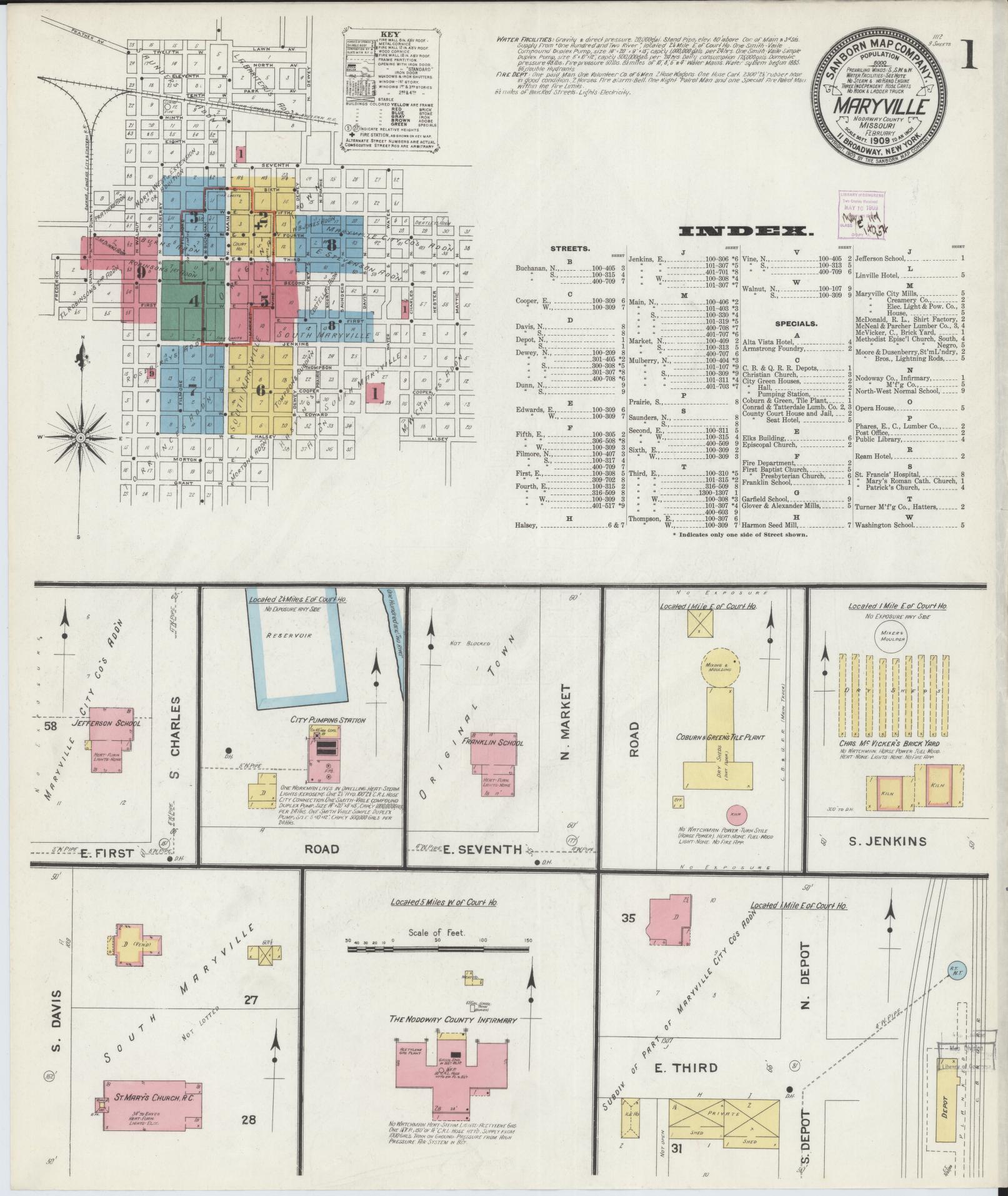 Sanborn Fire Insurance Map from Maryville, Nodaway County, Missouri (1909), Sheet #0001 - Complete Map Set gallery image, historic Sanborn map, vintage wall art, Missouri Missouri