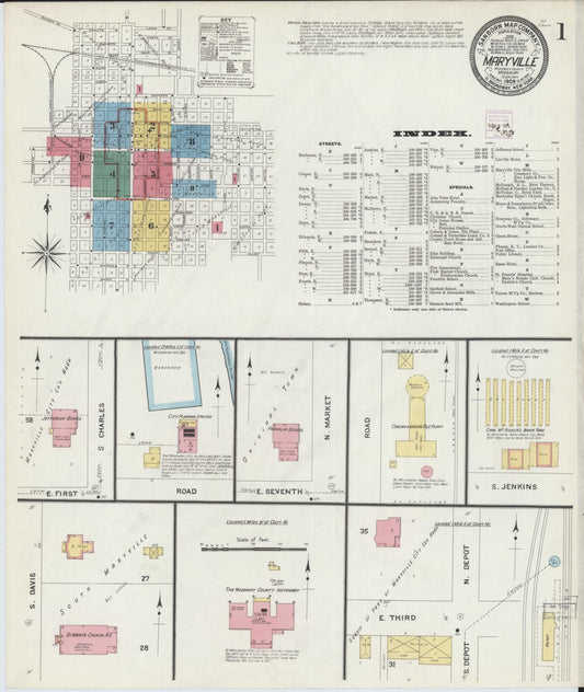 Sanborn Fire Insurance Map from Maryville, Nodaway County, Missouri (1909), Sheet #0001 - Complete Map Set gallery image, historic Sanborn map, vintage wall art, Missouri Missouri