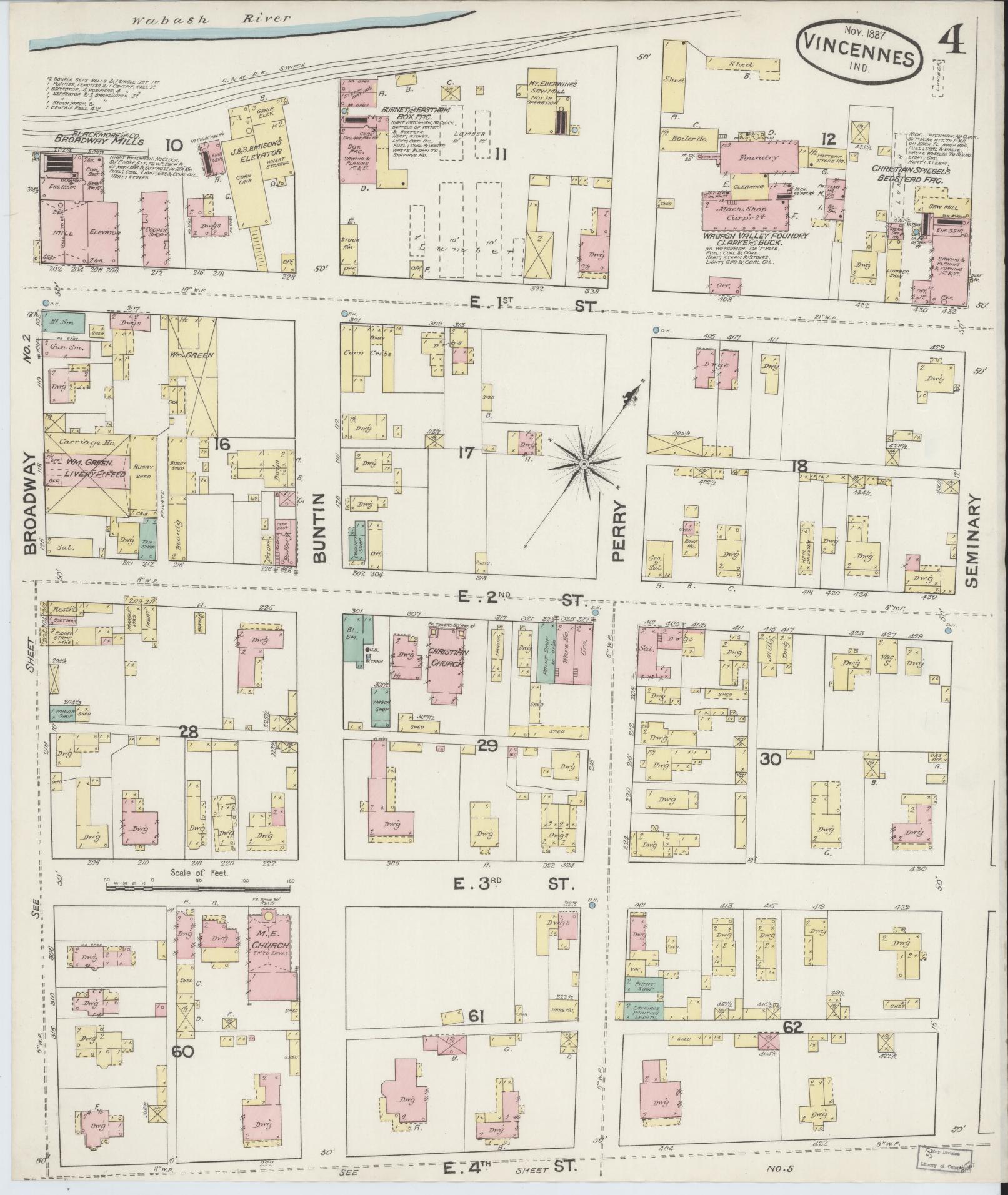 Sanborn Fire Insurance Map from Vincennes, Knox County, Indiana (1887), Sheet #0004 - Historic Sanborn Fire Insurance Map Print, vintage old map wall art, antique decor, genealogy gift, Indiana Indiana map