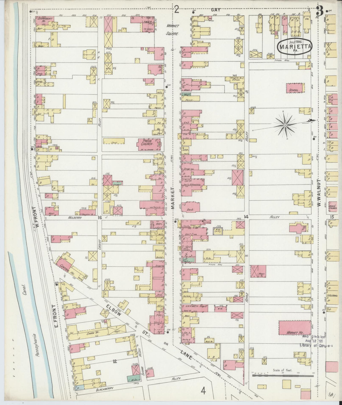 Sanborn Fire Insurance Map from Marietta, Lancaster County, Pennsylvania (1896), Sheet #0003 - Historic Sanborn Fire Insurance Map Print, vintage old map wall art, antique decor, genealogy gift, Pennsylvania Pennsylvania map
