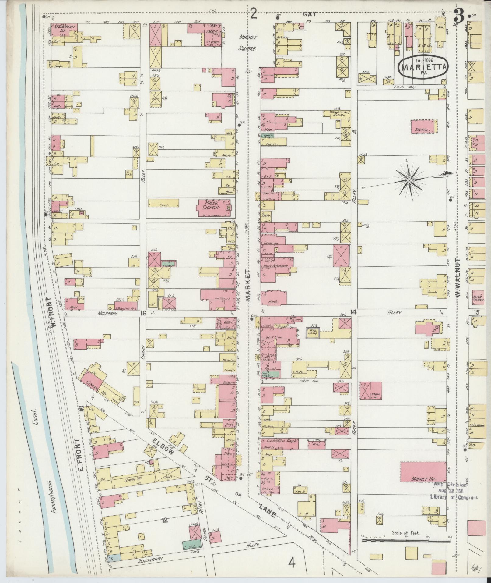 Sanborn Fire Insurance Map from Marietta, Lancaster County, Pennsylvania (1896), Sheet #0003 - Historic Sanborn Fire Insurance Map Print, vintage old map wall art, antique decor, genealogy gift, Pennsylvania Pennsylvania map