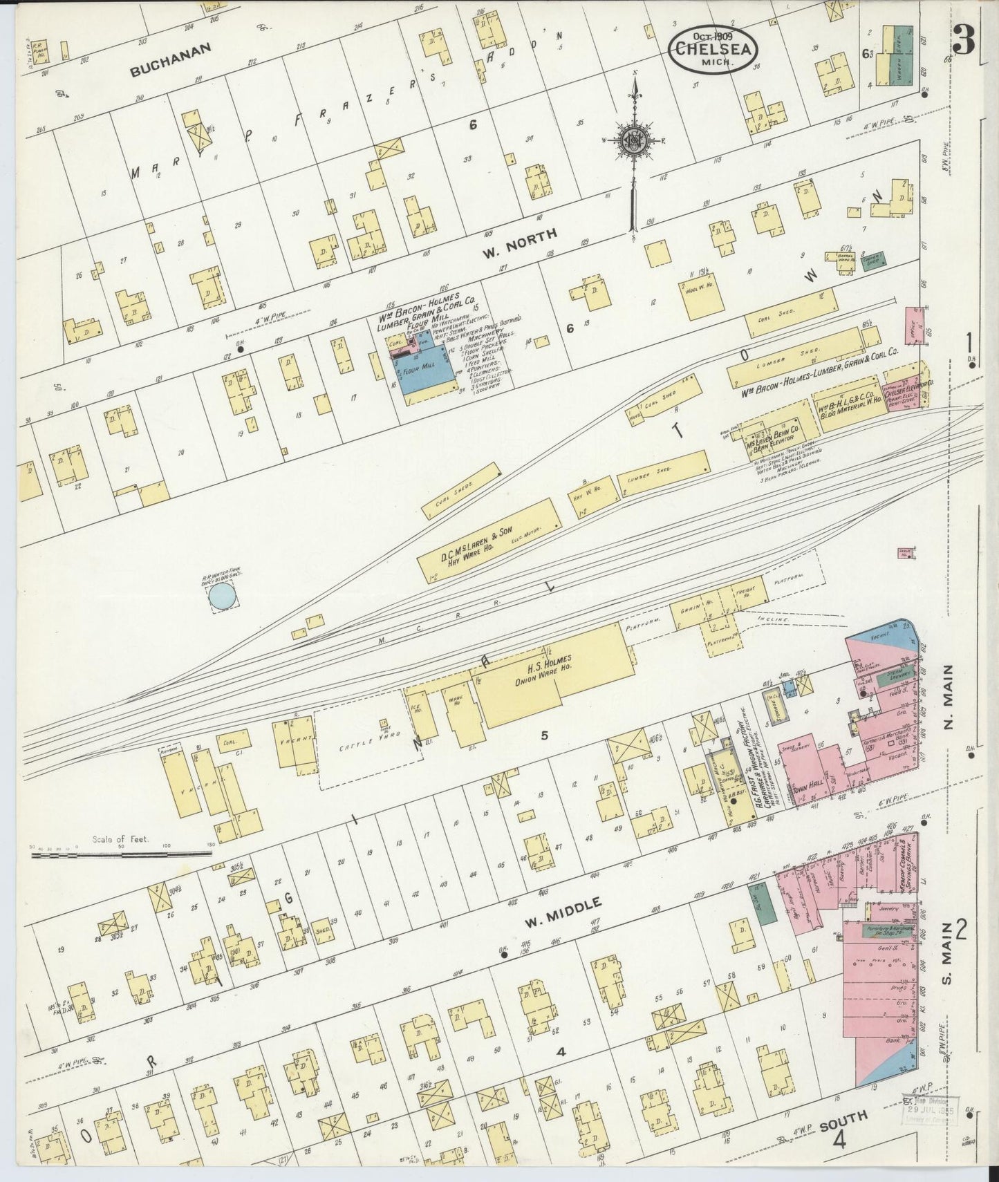 Sanborn Fire Insurance Map from Chelsea, Washtenaw County, Michigan (1909), Sheet #0003 - Complete Map Set gallery image, historic Sanborn map, vintage wall art, Michigan Michigan