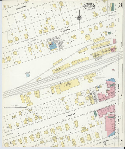 Sanborn Fire Insurance Map from Chelsea, Washtenaw County, Michigan (1909), Sheet #0003 - Complete Map Set gallery image, historic Sanborn map, vintage wall art, Michigan Michigan