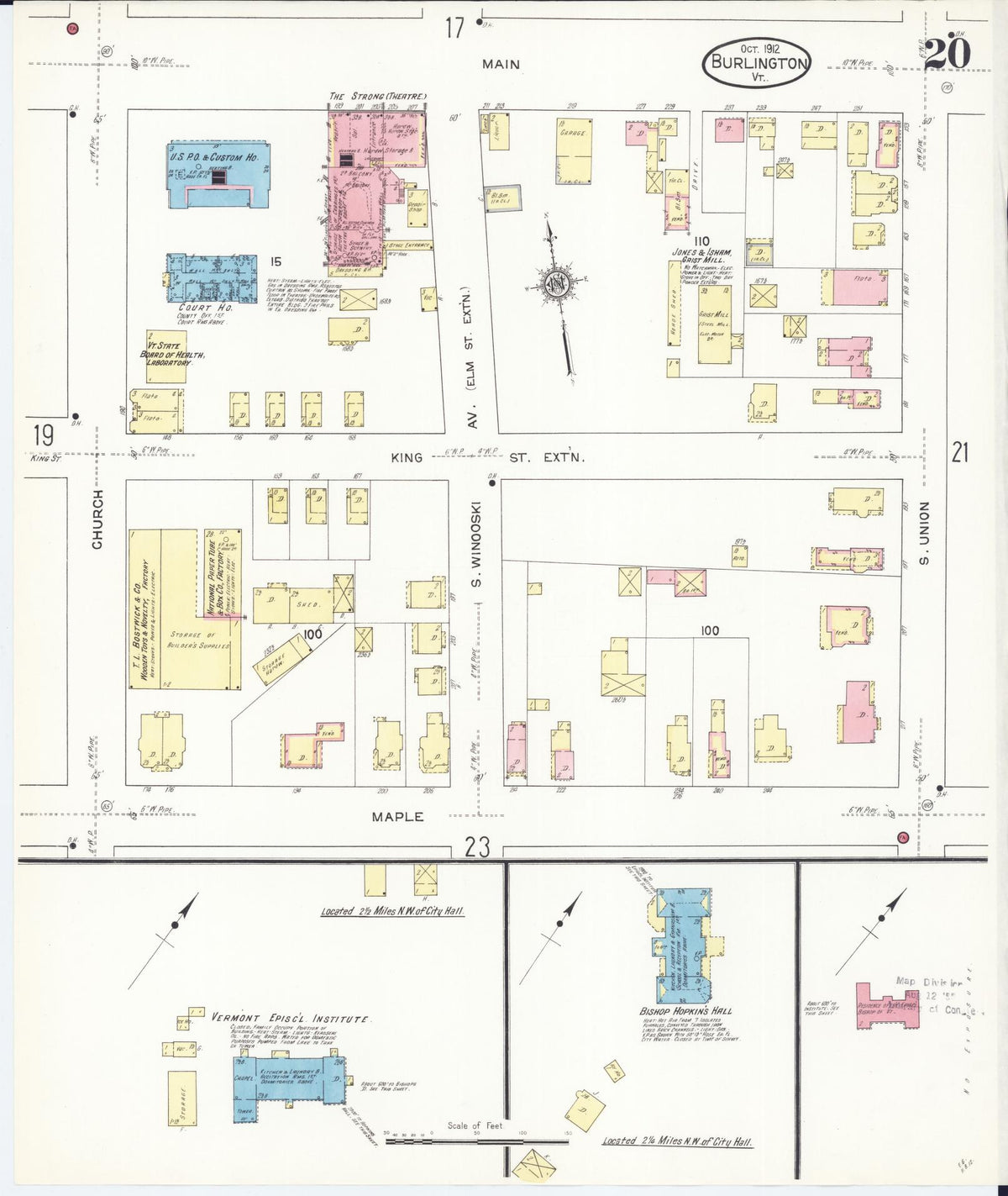 Sanborn Fire Insurance Map from Burlington, Chittenden County, Vermont (1912), Sheet #0020 - Historic Sanborn Fire Insurance Map Print, vintage old map wall art, antique decor, genealogy gift, Vermont Vermont map