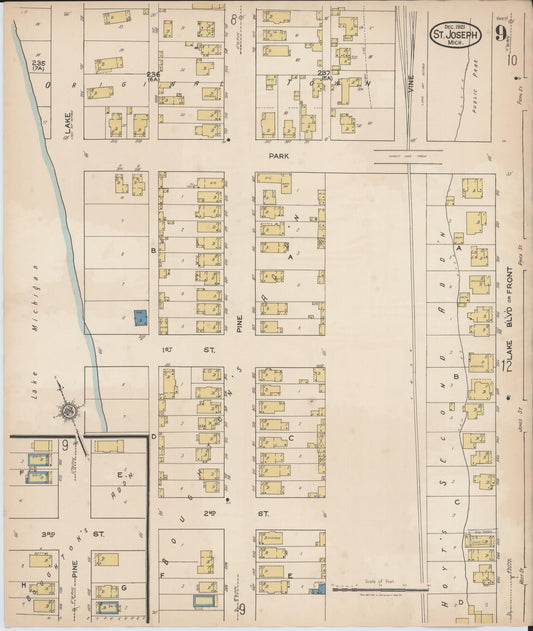 Sanborn Fire Insurance Map from Saint Joseph, Berrien County, Michigan (1921), Sheet #0009 - Historic Sanborn Fire Insurance Map Print, vintage old map wall art, antique decor, genealogy gift, Michigan Michigan map