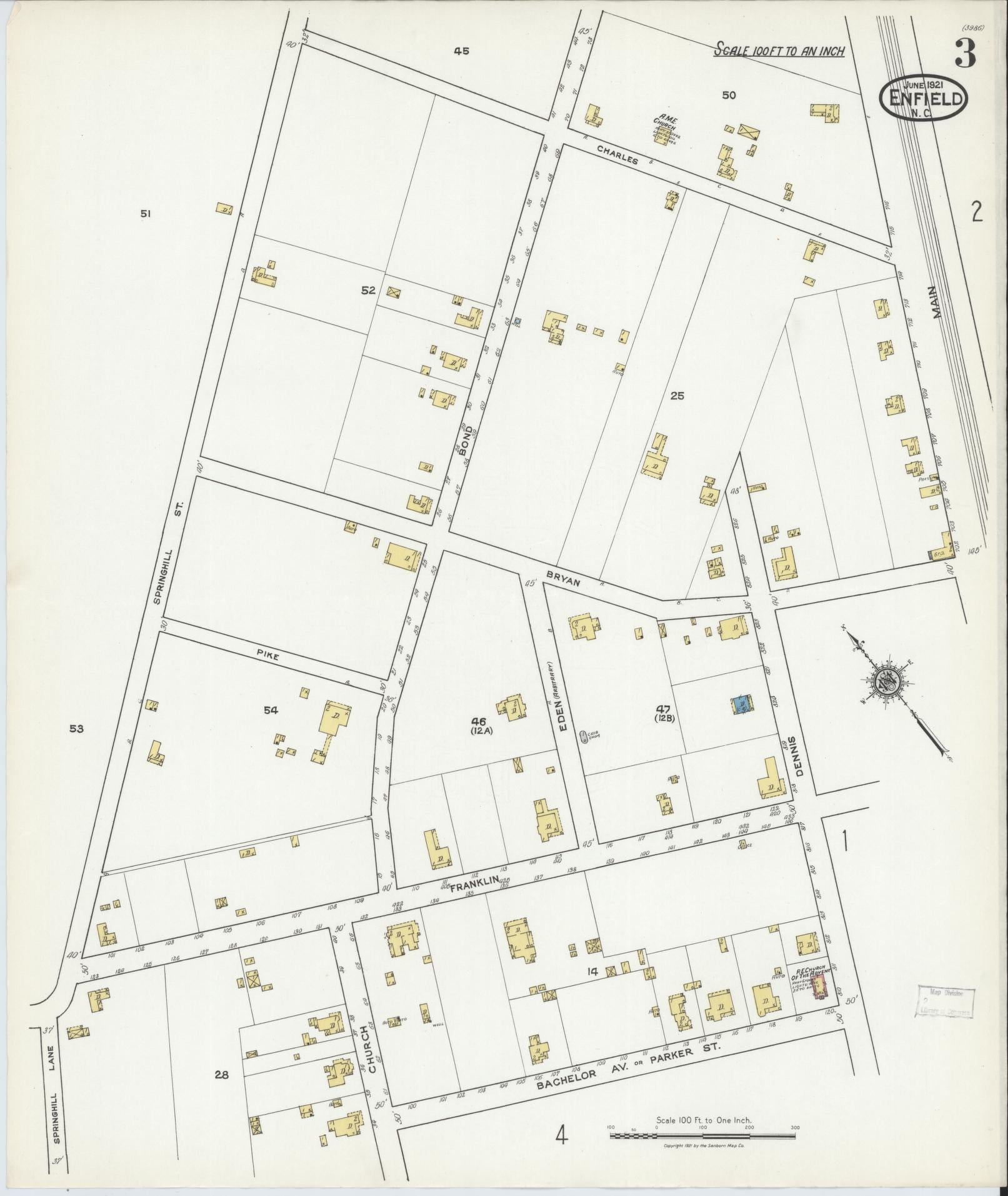 Sanborn Fire Insurance Map from Enfield, Halifax County, North Carolina (1921), Sheet #0003 - Historic Sanborn Fire Insurance Map Print, vintage old map wall art, antique decor, genealogy gift, North Carolina North Carolina map