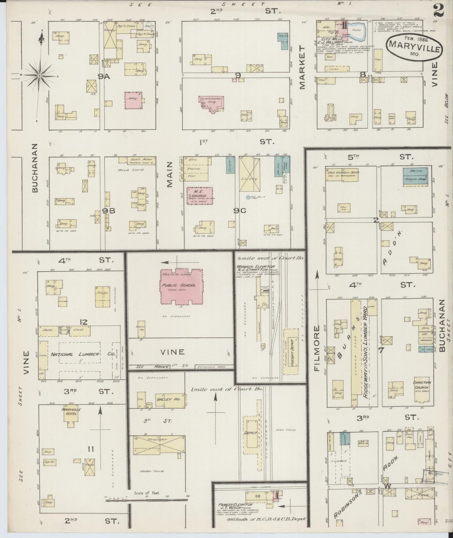 Sanborn Fire Insurance Map from Maryville, Nodaway County, Missouri (1886), Sheet #0002 - Complete Map Set gallery image, historic Sanborn map, vintage wall art, Missouri Missouri