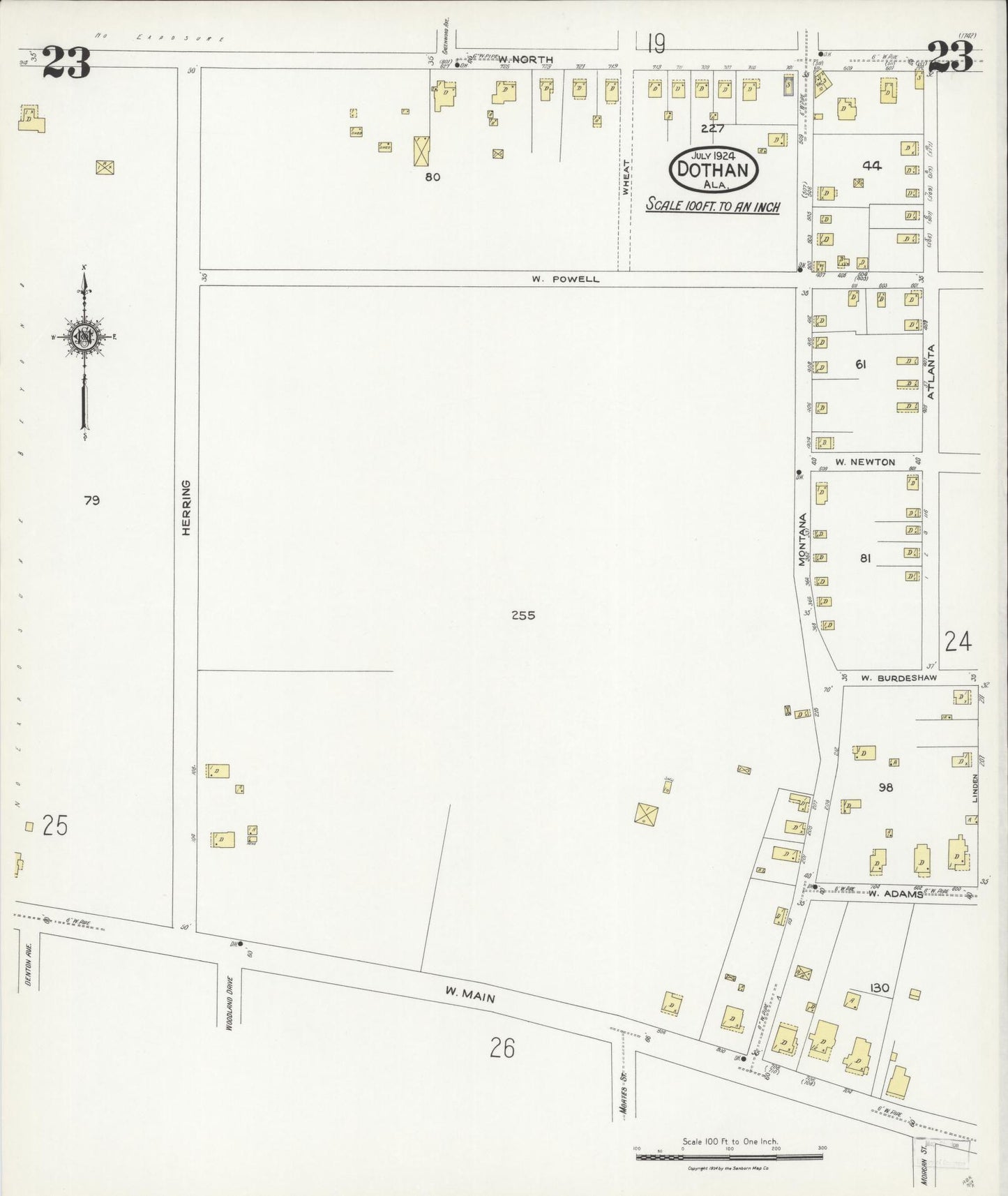 Sanborn Fire Insurance Map from Dothan, Houston County, Alabama (1924), Sheet #0023 - Historic Sanborn Fire Insurance Map Print, vintage old map wall art, antique decor, genealogy gift, Alabama Alabama map