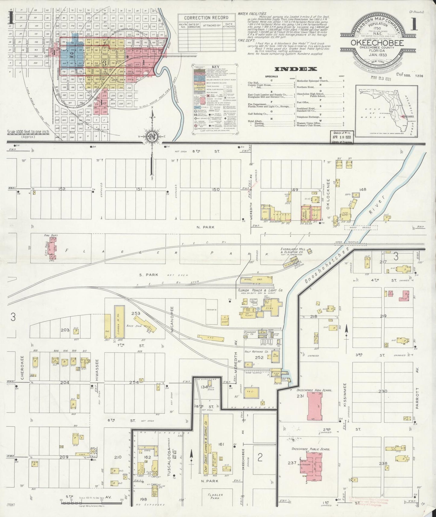 Sanborn Fire Insurance Map from Okeechobee, Okeechobee County, Florida (1933), Sheet #0001 - Complete Map Set gallery image, historic Sanborn map, vintage wall art, Florida Florida