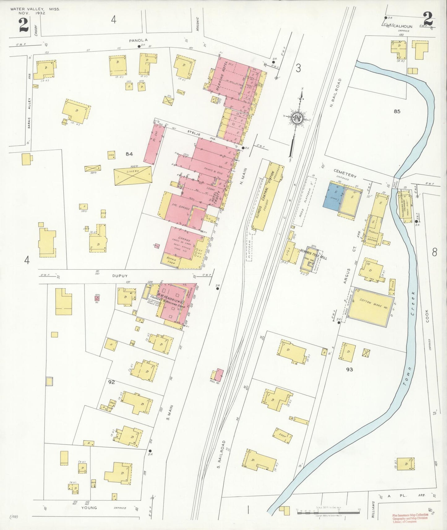 Sanborn Fire Insurance Map from Water Valley, Yalobusha County, Mississippi (1932), Sheet #0002 - Complete Map Set gallery image, historic Sanborn map, vintage wall art, Mississippi Mississippi