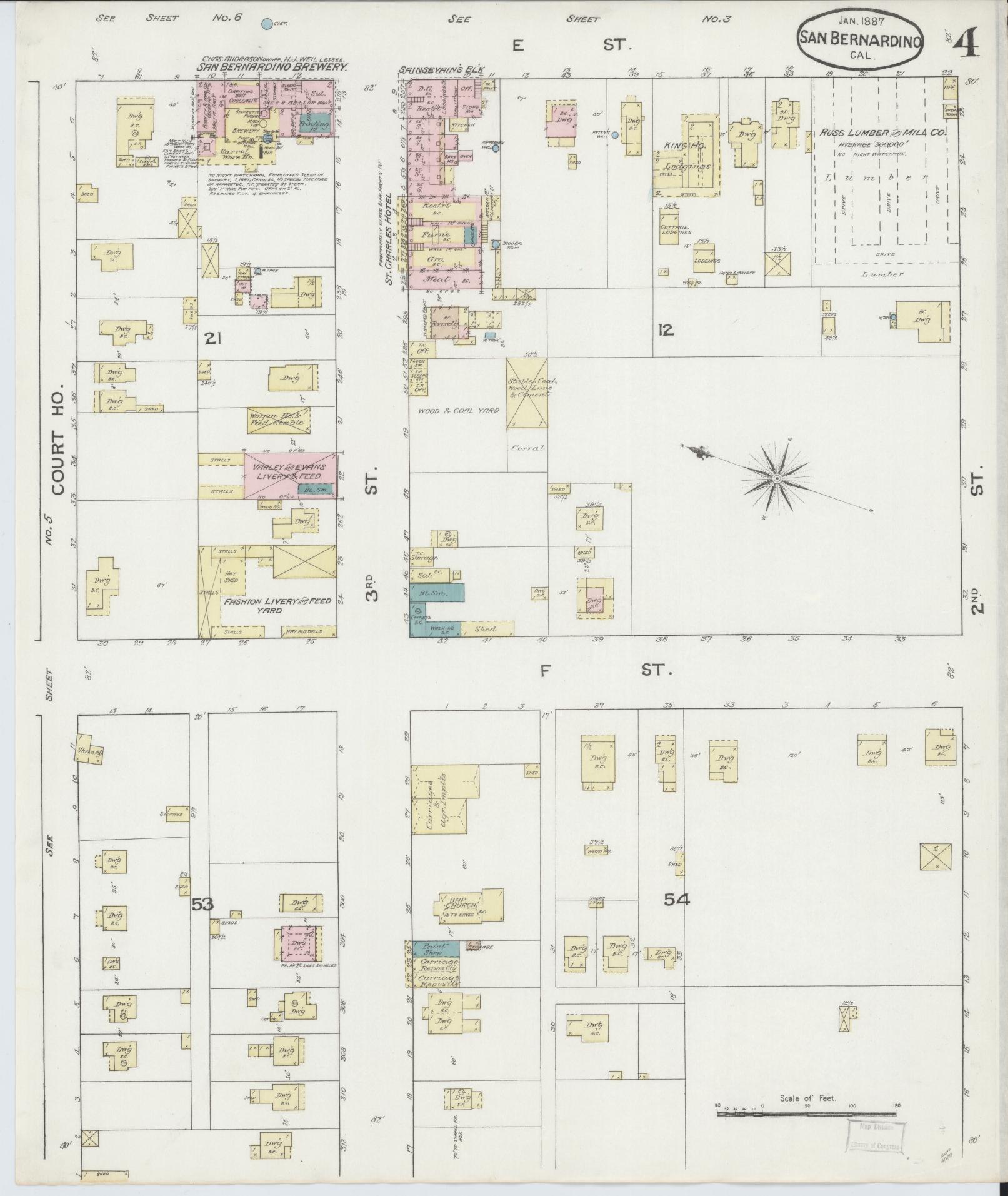 Sanborn Fire Insurance Map from San Bernardino, San Bernardino County, California (1887), Sheet #0004 - Complete Map Set gallery image, historic Sanborn map, vintage wall art, California California