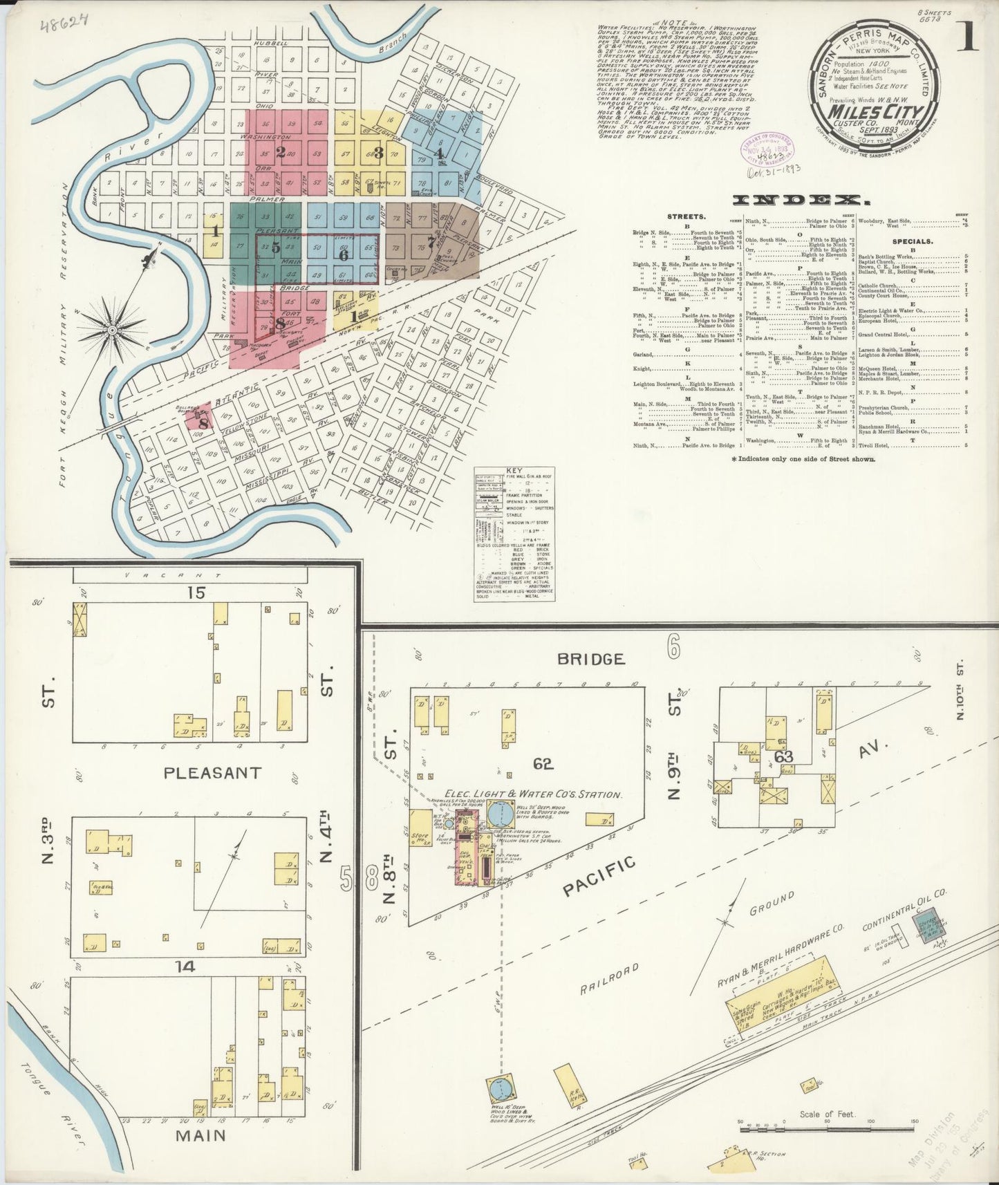 Sanborn Fire Insurance Map from Miles City, Custer County, Montana (1893), Sheet #0001 - Historic Sanborn Fire Insurance Map Print, vintage old map wall art, antique decor, genealogy gift, Montana Montana map