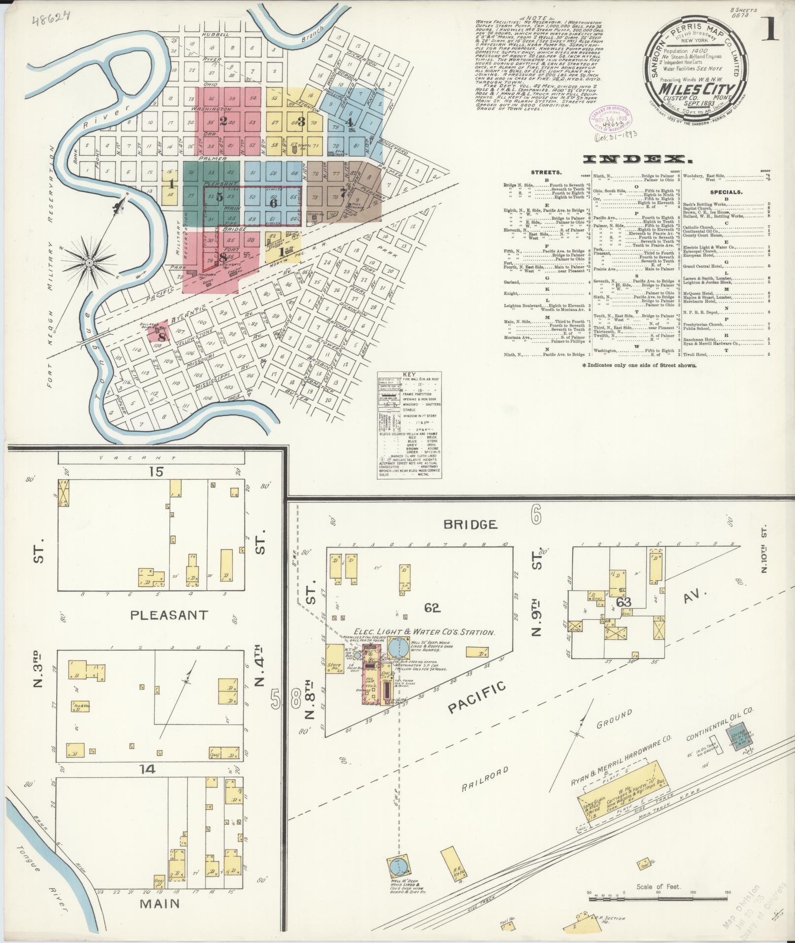 Sanborn Fire Insurance Map from Miles City, Custer County, Montana (1893), Sheet #0001 - Historic Sanborn Fire Insurance Map Print, vintage old map wall art, antique decor, genealogy gift, Montana Montana map