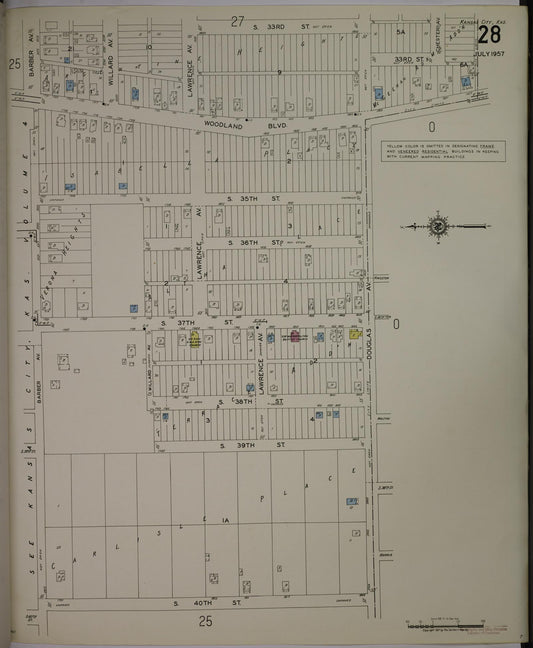 Sanborn Fire Insurance Map from Kansas City, Wyandotte County, Kansas (1957), Sheet #0028 - Historic Sanborn Fire Insurance Map Print, vintage old map wall art, antique decor, genealogy gift, Kansas Kansas map