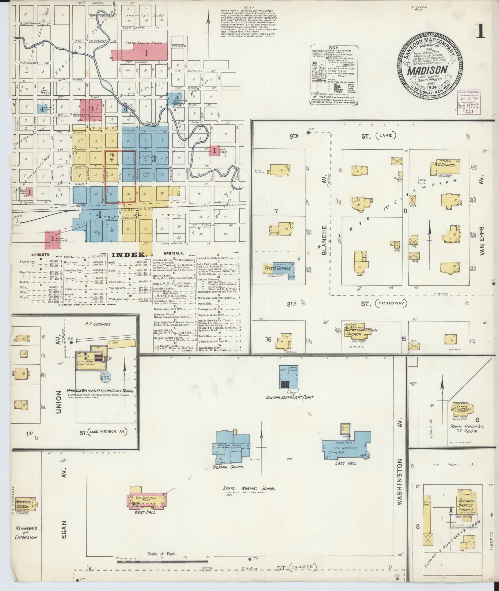 Sanborn Fire Insurance Map from Madison, Lake County, South Dakota (1904), Sheet #0001 - Historic Sanborn Fire Insurance Map Print, vintage old map wall art, antique decor, genealogy gift, South Dakota South Dakota map