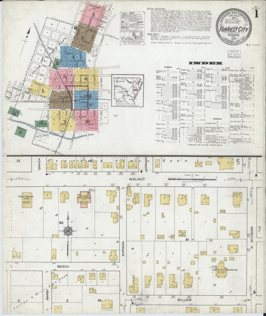 Sanborn Fire Insurance Map from Forrest City, Saint Francis County, Arkansas (1919), Sheet #0001 - Complete Map Set gallery image, historic Sanborn map, vintage wall art, Arkansas Arkansas