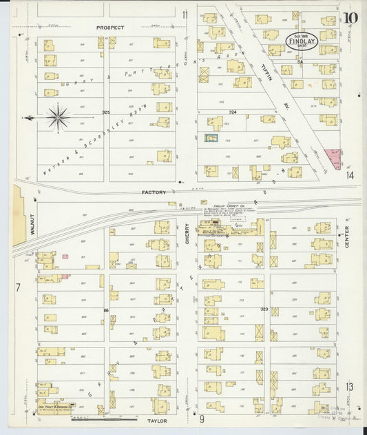 Sanborn Fire Insurance Map from Findlay, Hancock County, Ohio (1908), Sheet #0010 - Historic Sanborn Fire Insurance Map Print, vintage old map wall art, antique decor, genealogy gift, Ohio Ohio map
