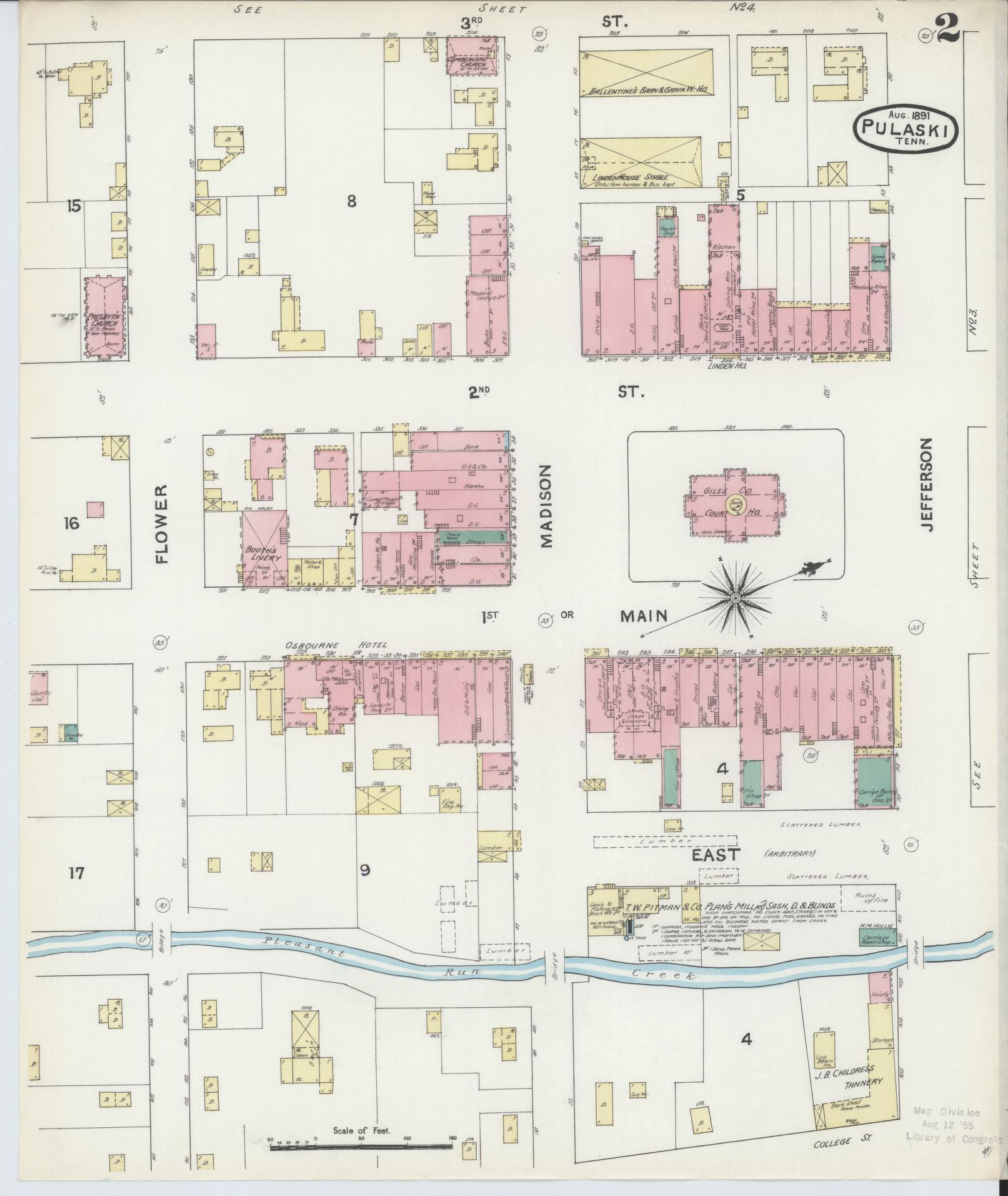 Sanborn Fire Insurance Map from Pulaski, Giles County, Tennessee (1891), Sheet #0002 - Complete Map Set gallery image, historic Sanborn map, vintage wall art, Tennessee Tennessee