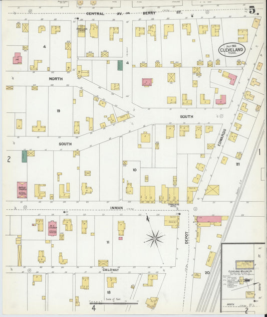 Sanborn Fire Insurance Map from Cleveland, Bradley County, Tennessee (1902), Sheet #0005 - Historic Sanborn Fire Insurance Map Print, vintage old map wall art, antique decor, genealogy gift, Tennessee Tennessee map