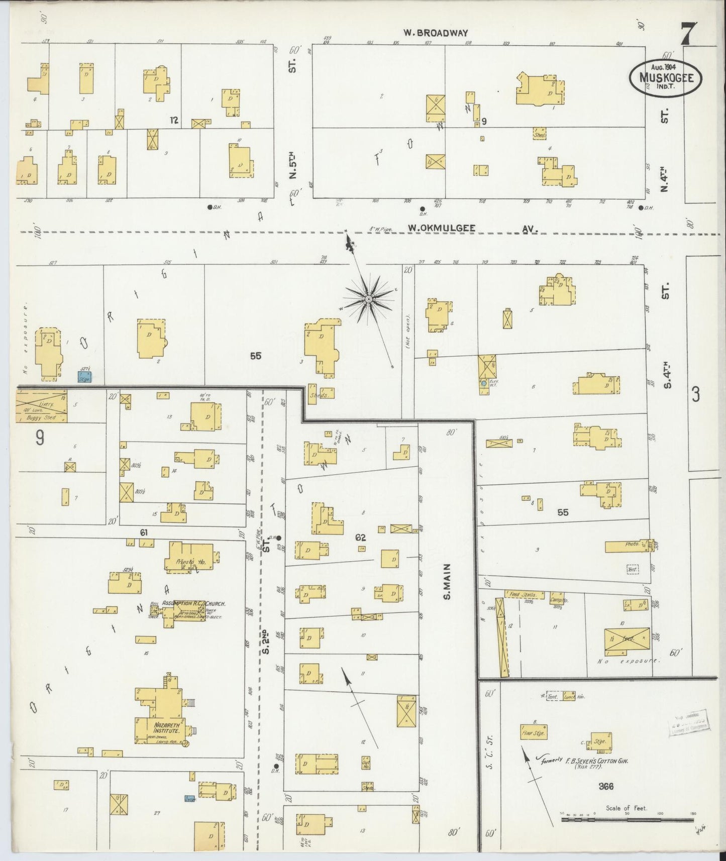 Sanborn Fire Insurance Map from Muskogee, Muskogee County, Oklahoma (1904), Sheet #0007 - Complete Map Set gallery image, historic Sanborn map, vintage wall art, Oklahoma Oklahoma