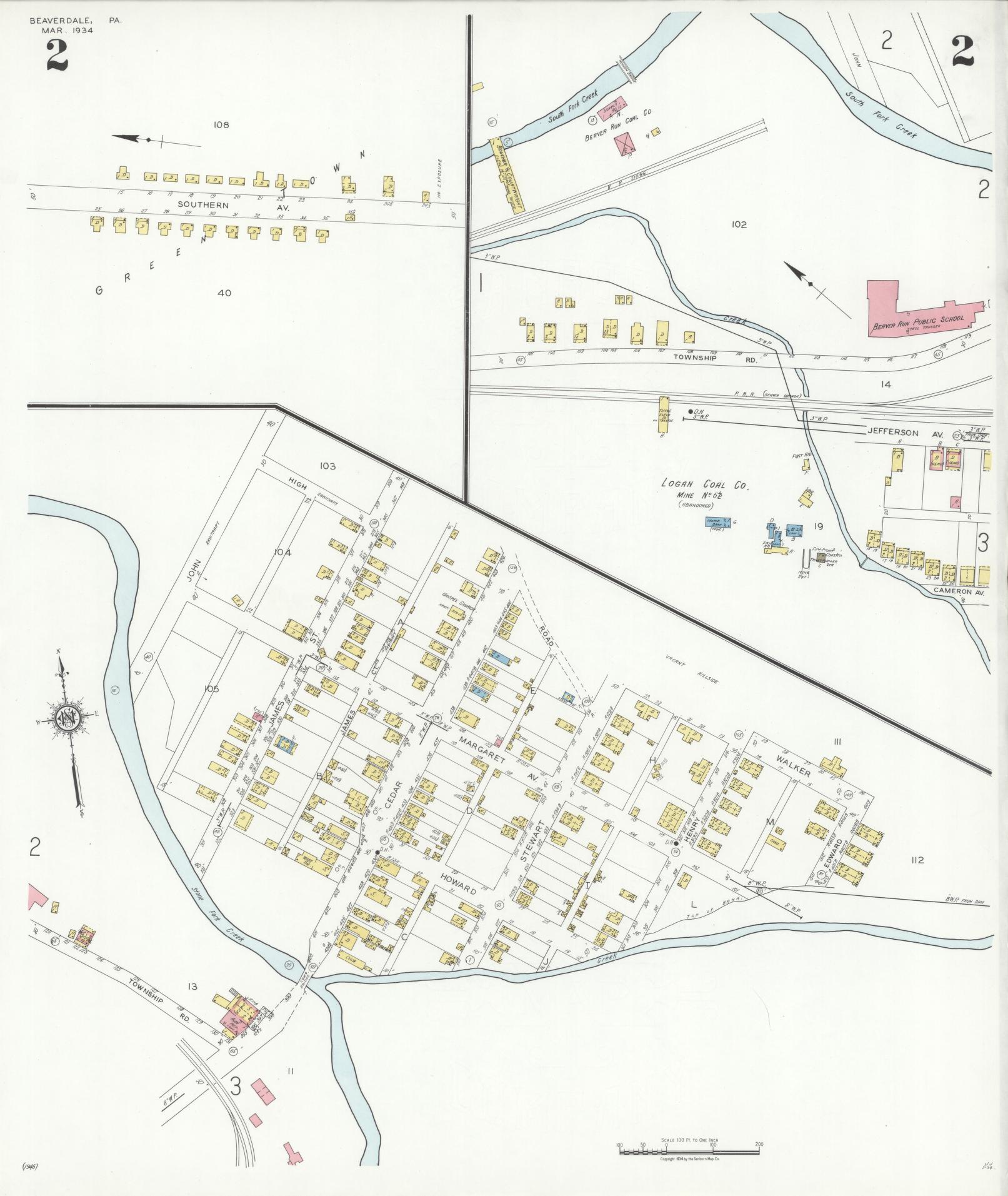 Sanborn Fire Insurance Map from Beaverdale, Cambria County, Pennsylvania (1934), Sheet #0002 - Historic Sanborn Fire Insurance Map Print, vintage old map wall art, antique decor, genealogy gift, Pennsylvania Pennsylvania map