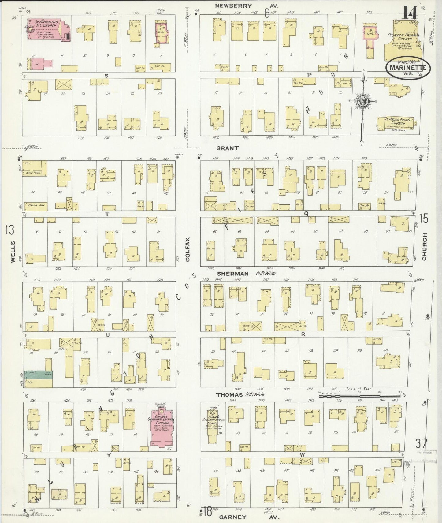 Sanborn Fire Insurance Map from Marinette, Marinette County, Wisconsin (1910), Sheet #0014 - Complete Map Set gallery image, historic Sanborn map, vintage wall art, Wisconsin Wisconsin