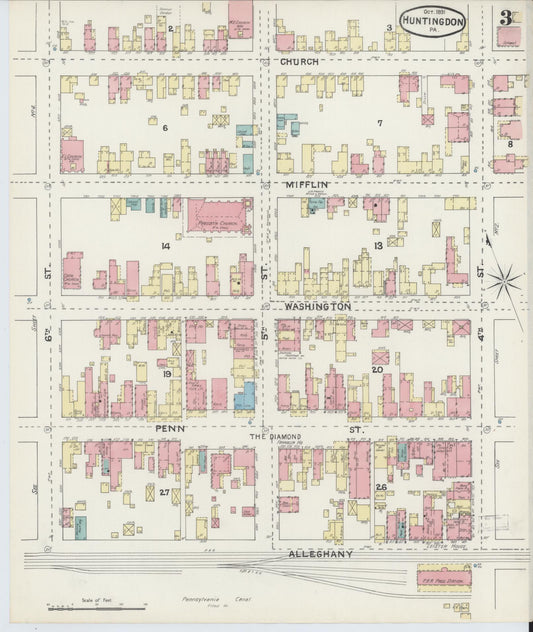Sanborn Fire Insurance Map from Huntingdon, Huntingdon County, Pennsylvania (1891), Sheet #0003 - Historic Sanborn Fire Insurance Map Print, vintage old map wall art, antique decor, genealogy gift, Pennsylvania Pennsylvania map