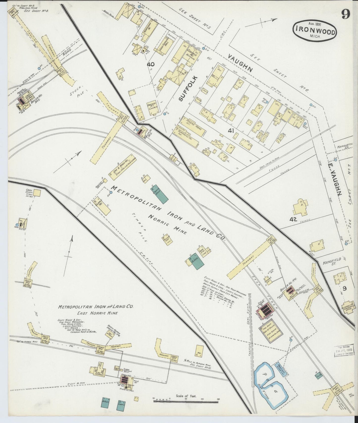 Sanborn Fire Insurance Map from Ironwood, Gogebic County, Michigan (1891), Sheet #0009 - Complete Map Set gallery image, historic Sanborn map, vintage wall art, Michigan Michigan