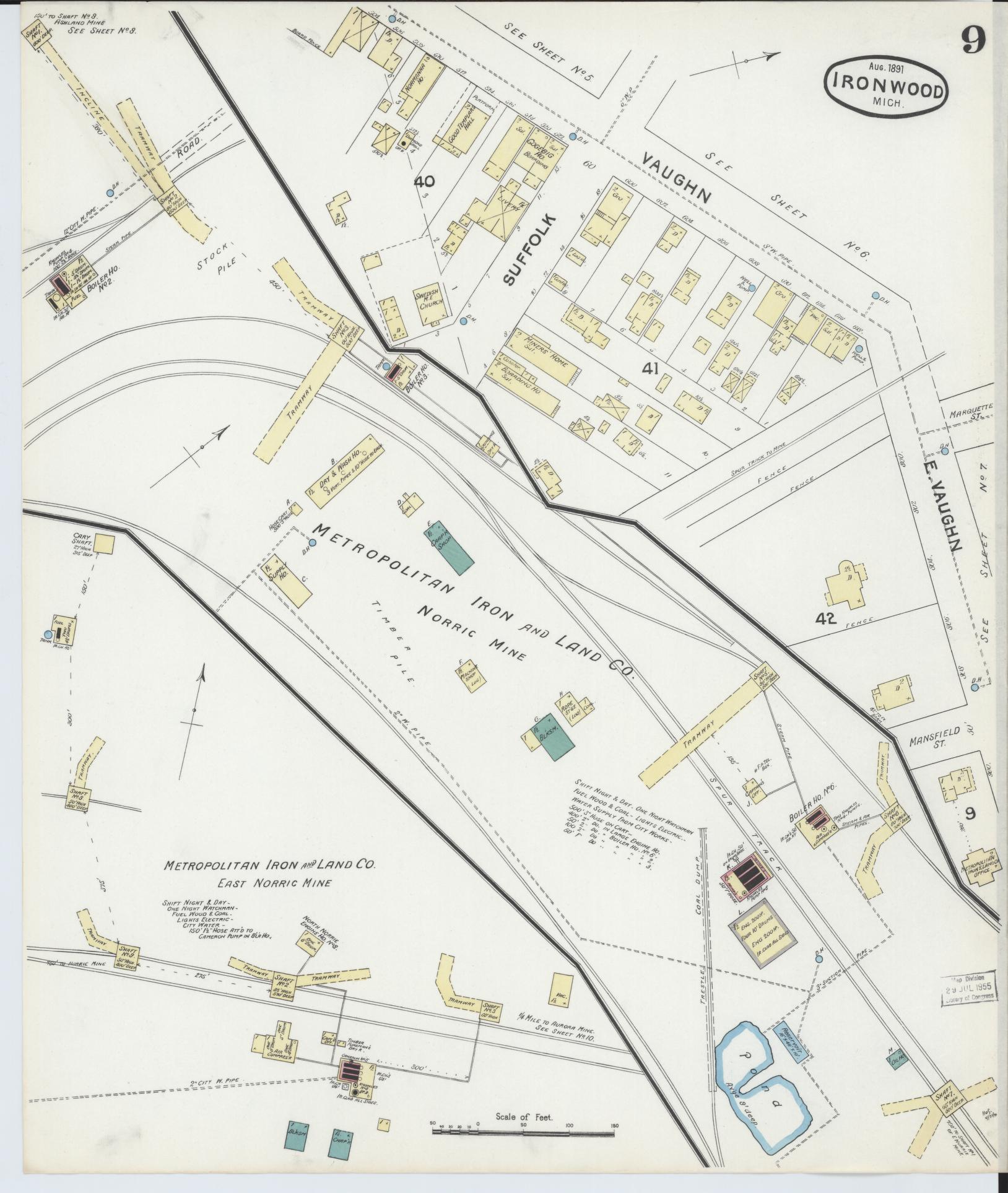 Sanborn Fire Insurance Map from Ironwood, Gogebic County, Michigan (1891), Sheet #0009 - Complete Map Set gallery image, historic Sanborn map, vintage wall art, Michigan Michigan