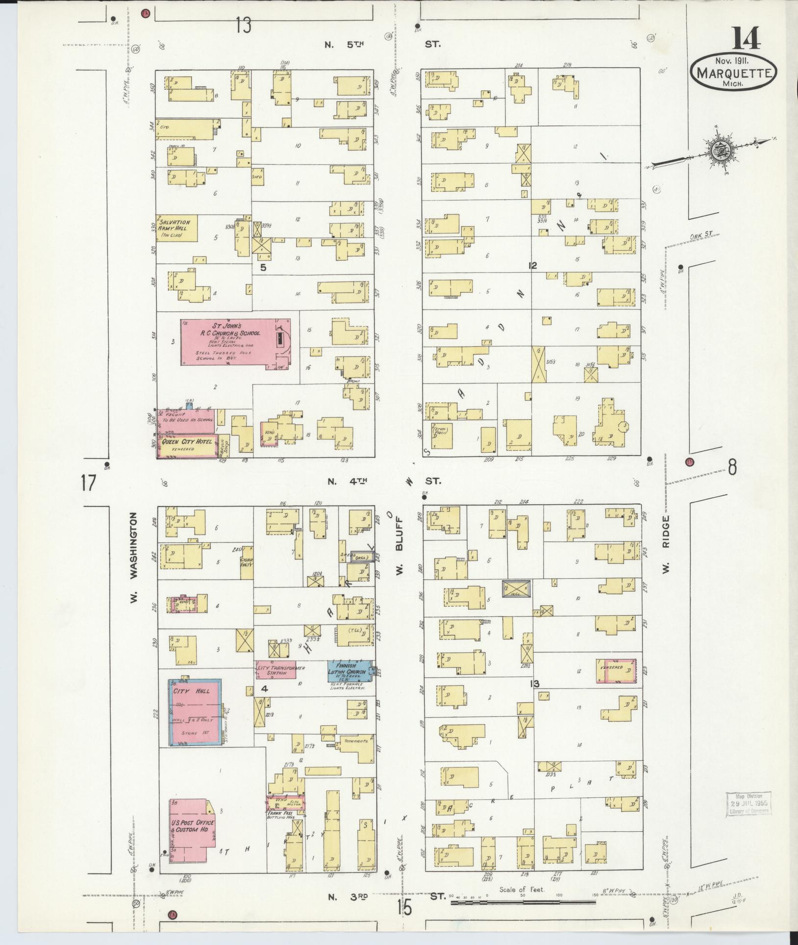 Sanborn Fire Insurance Map from Marquette, Marquette County, Michigan (1911), Sheet #0014 - Historic Sanborn Fire Insurance Map Print, vintage old map wall art, antique decor, genealogy gift, Michigan Michigan map