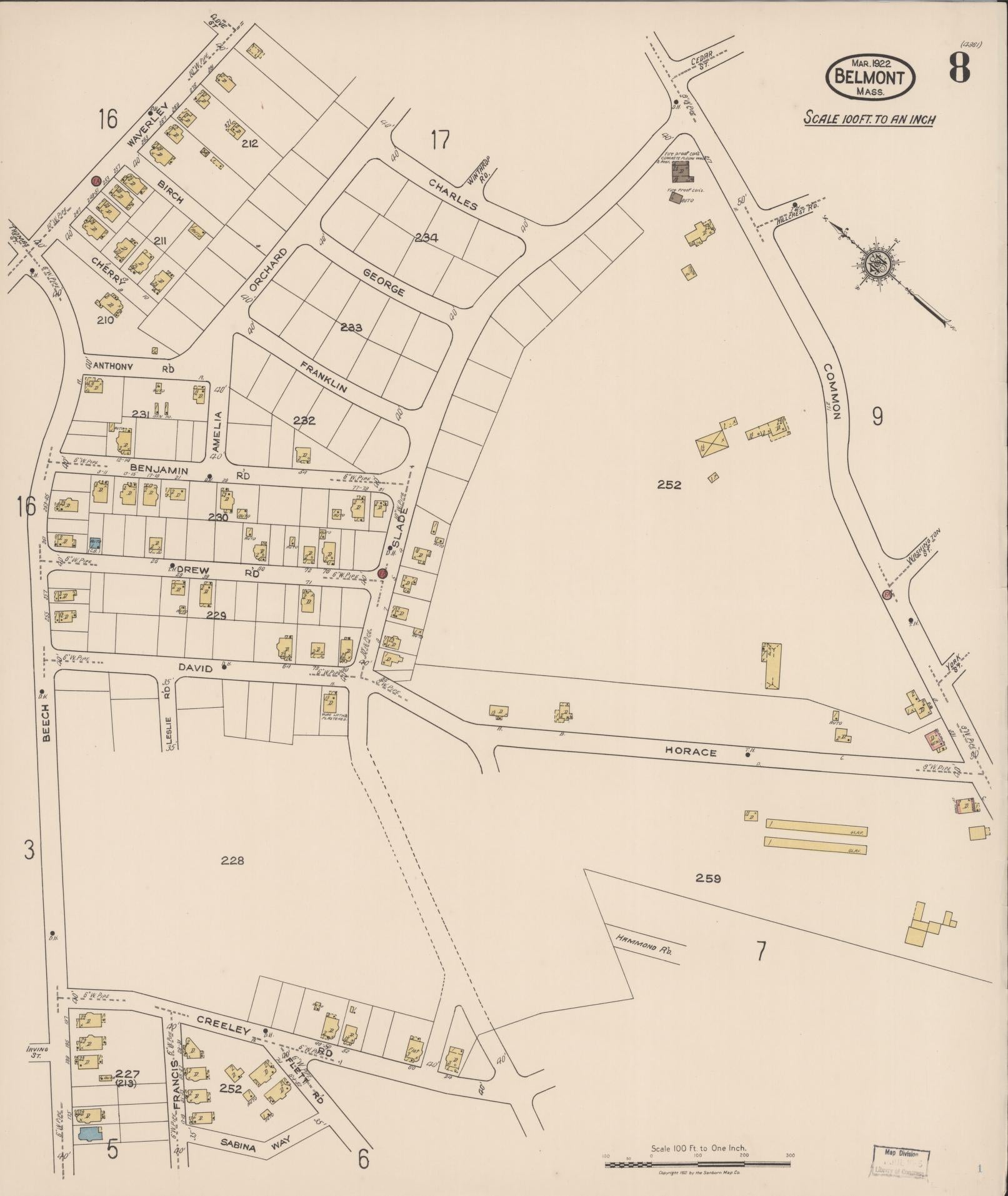 Sanborn Fire Insurance Map from Belmont, Middlesex County, Massachusetts (1922), Sheet #0008 - Complete Map Set gallery image, historic Sanborn map, vintage wall art, Massachusetts Massachusetts