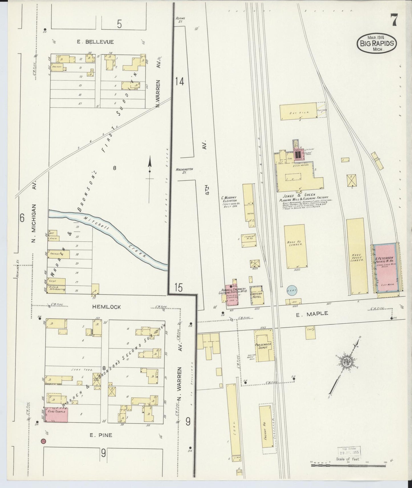 Sanborn Fire Insurance Map from Big Rapids, Mecosta County, Michigan (1914), Sheet #0007 - Historic Sanborn Fire Insurance Map Print, vintage old map wall art, antique decor, genealogy gift, Michigan Michigan map