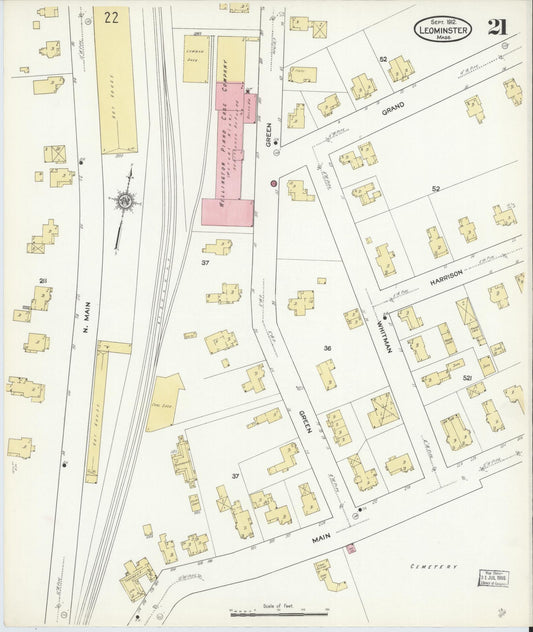 Sanborn Fire Insurance Map from Leominster, Worcester County, Massachusetts (1912), Sheet #0021 - Historic Sanborn Fire Insurance Map Print, vintage old map wall art, antique decor, genealogy gift, Massachusetts Massachusetts map