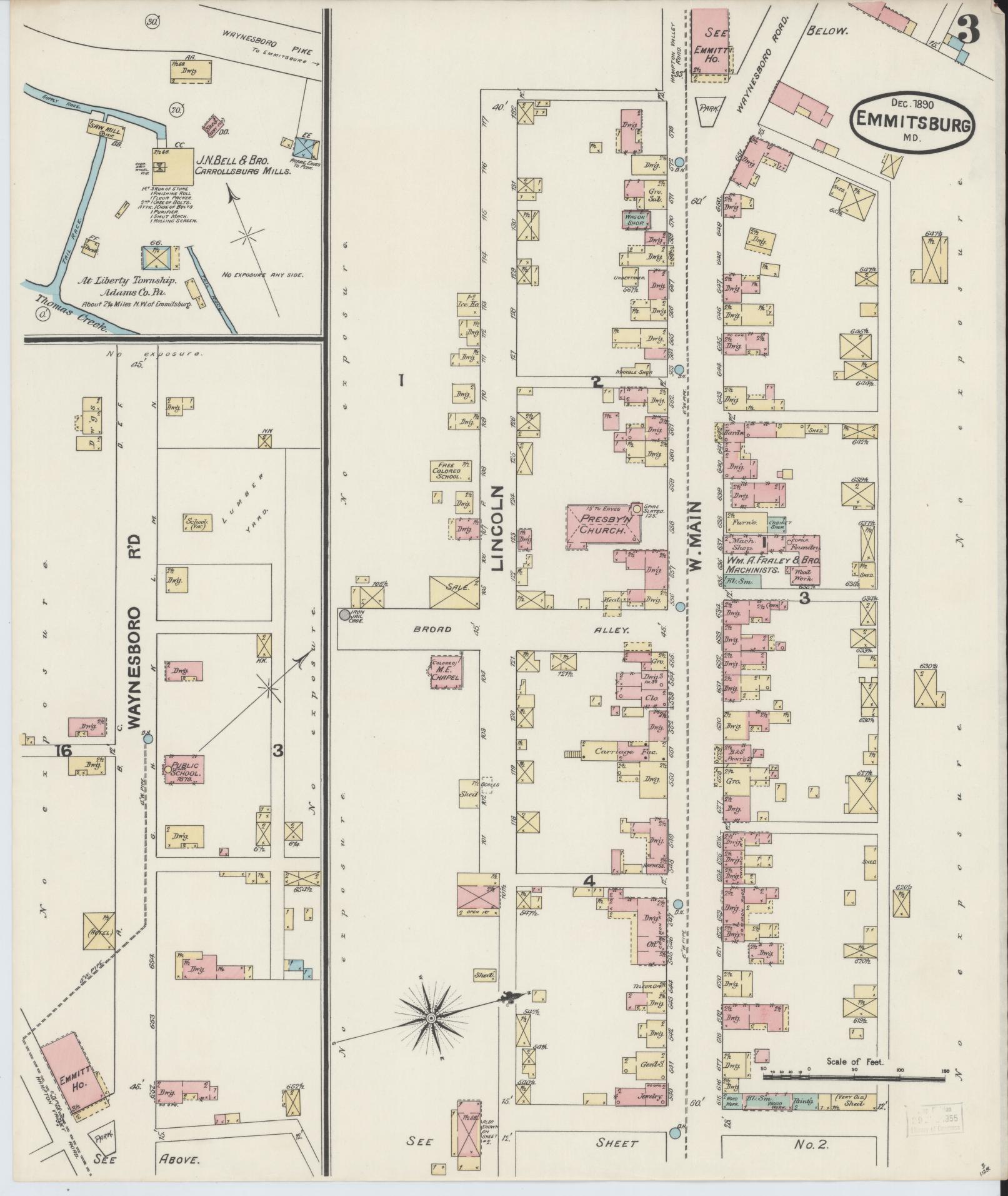 Sanborn Fire Insurance Map from Emmittsburg, Frederick County, Maryland (1890), Sheet #0003 - Historic Sanborn Fire Insurance Map Print, vintage old map wall art