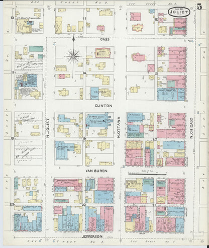 Sanborn Fire Insurance Map from Joliet, Will County, Illinois (1891), Sheet #0005 - Historic Sanborn Fire Insurance Map Print, vintage old map wall art, antique decor, genealogy gift, Illinois Illinois map
