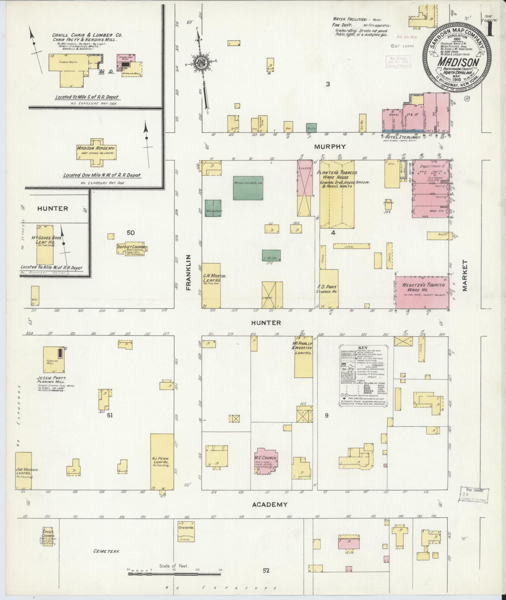 Sanborn Fire Insurance Map from Madison, Rockingham County, North Carolina (1910), Sheet #0001 - Historic Sanborn Fire Insurance Map Print, vintage old map wall art, antique decor, genealogy gift, North Carolina North Carolina map