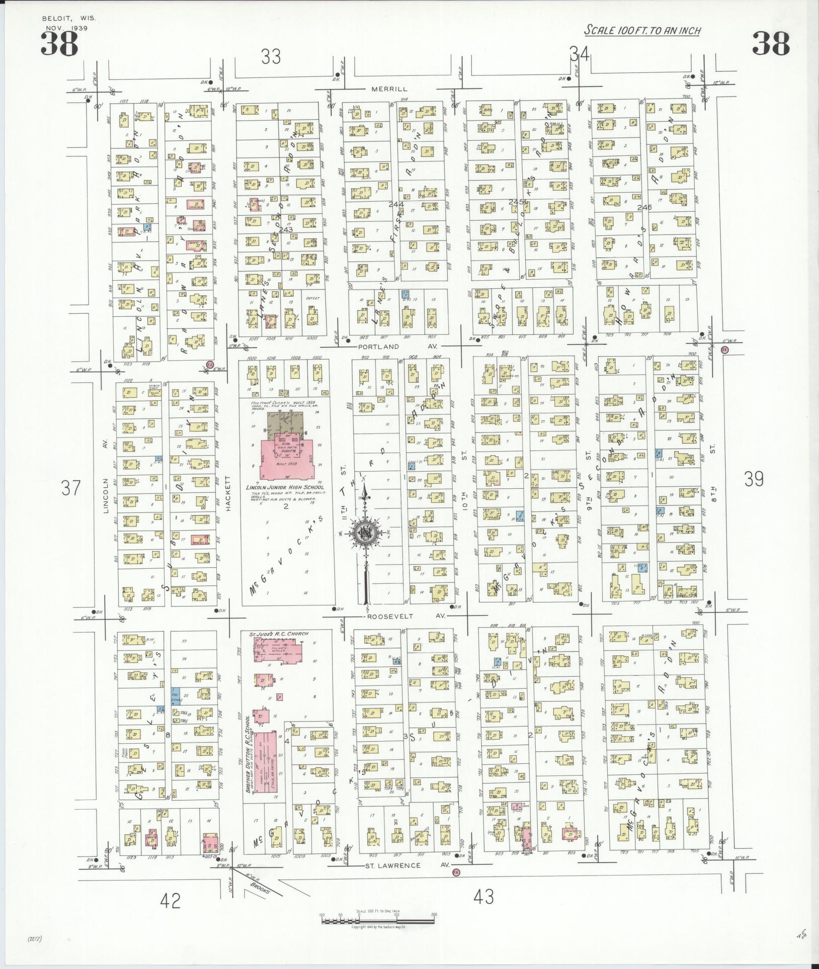Sanborn Fire Insurance Map from Beloit, Rock County, Wisconsin (1939), Sheet #0038 - Historic Sanborn Fire Insurance Map Print, vintage old map wall art, antique decor, genealogy gift, Wisconsin Wisconsin map