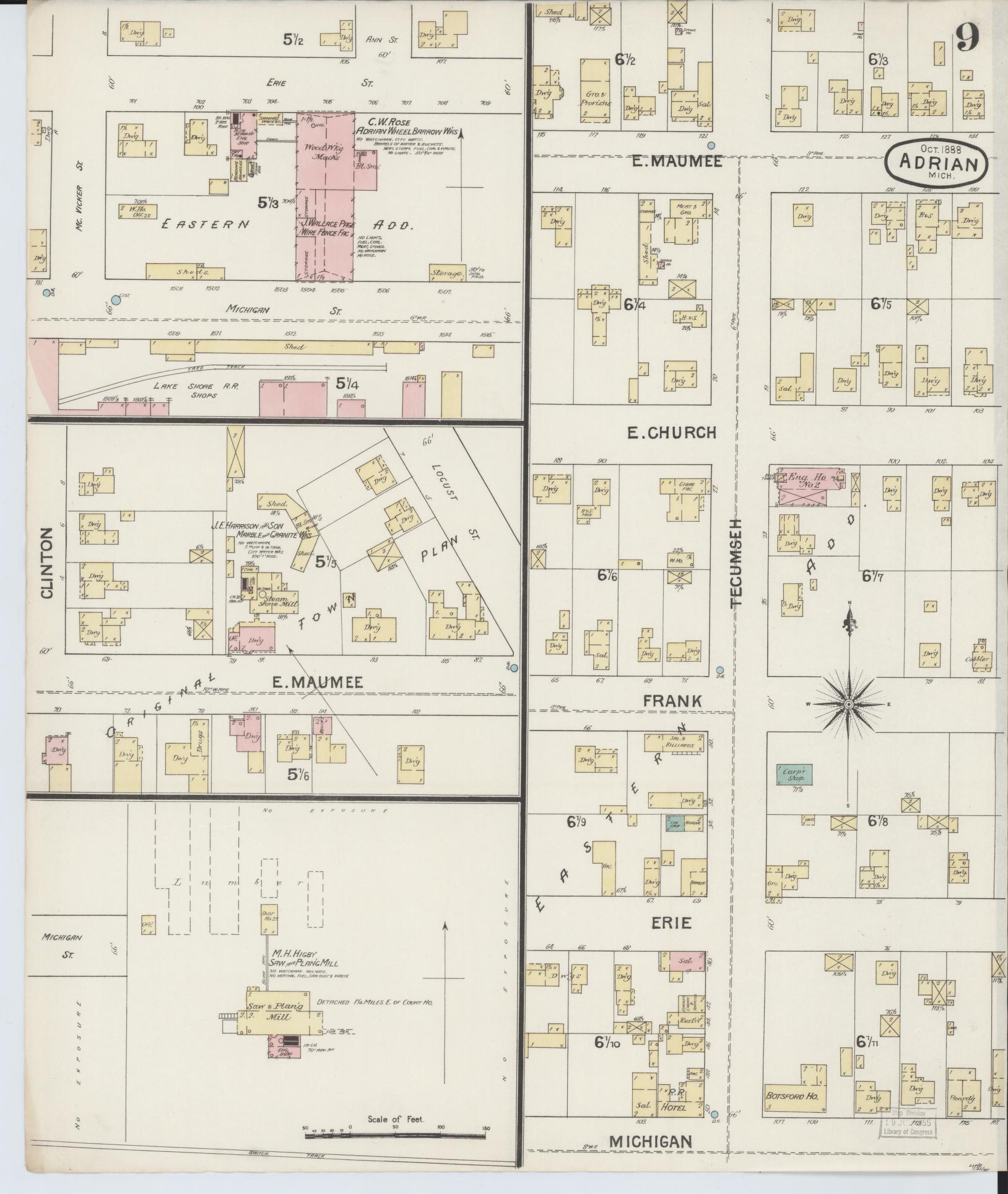 Sanborn Fire Insurance Map from Adrian, Lenawee County, Michigan (1888), Sheet #0009 - Complete Map Set gallery image, historic Sanborn map, vintage wall art, Michigan Michigan