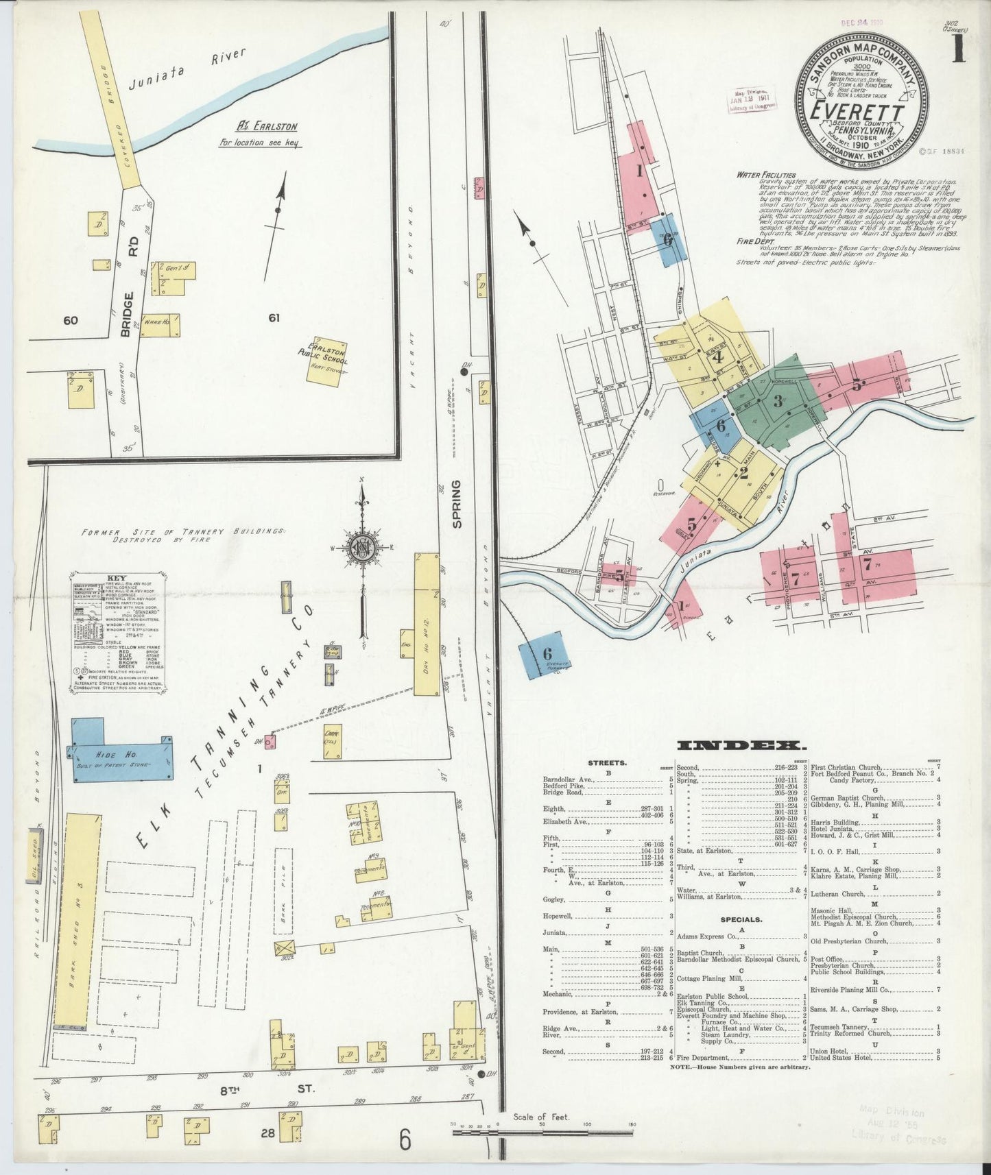 Sanborn Fire Insurance Map from Everett, Bedford County, Pennsylvania (1910), Sheet #0001 - Historic Sanborn Fire Insurance Map Print, vintage old map wall art, antique decor, genealogy gift, Pennsylvania Pennsylvania map